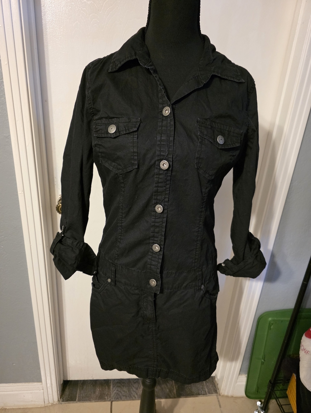 H&M Black Button-Front Utility Dress Size 8